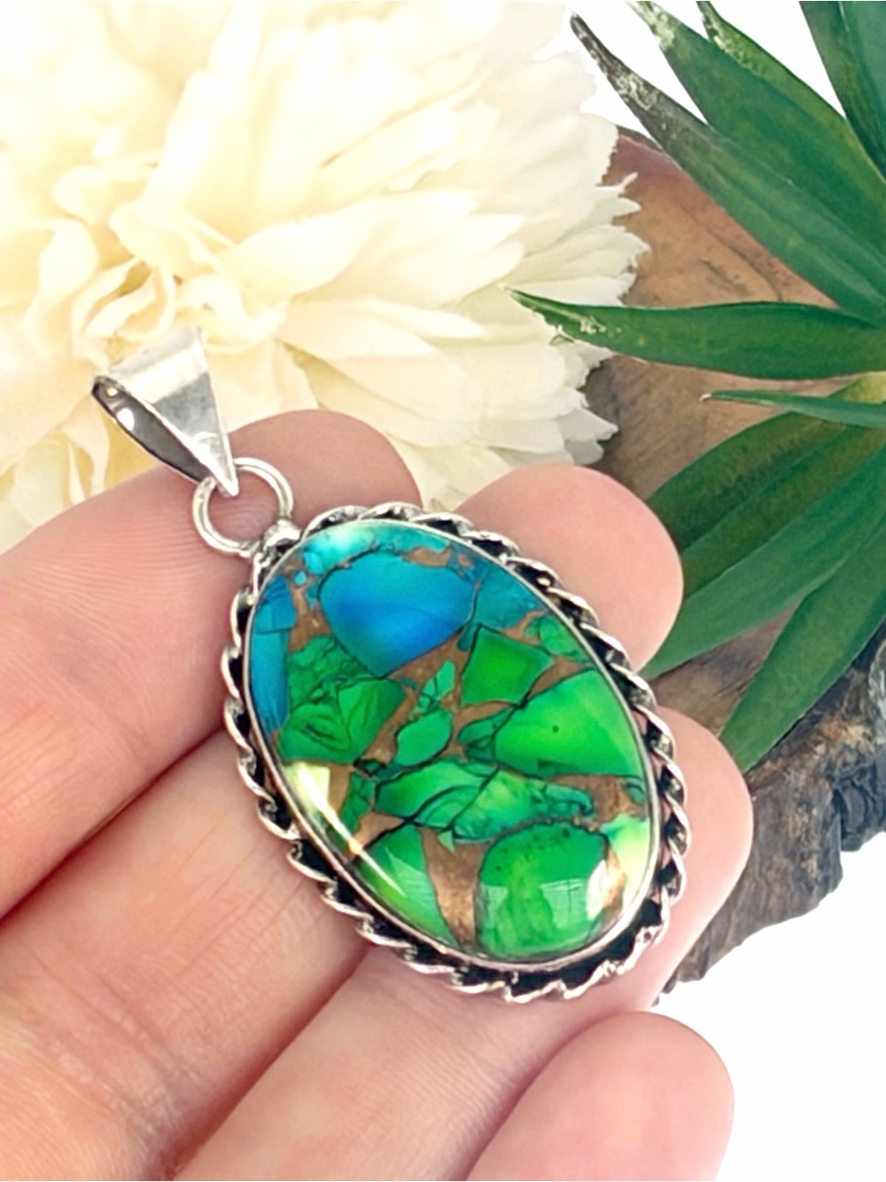 Southwest Chunky Green & Blue Turquoise Peacock Dahlia Pendant Sterling Overlay
